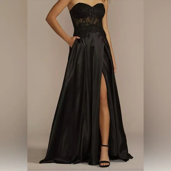 blondie nites black dress Taylor Scuba Crepe Off the Shoulder Satin Sleeves Black Floor Length Dress